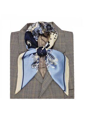 Silky Floral Wreath Square Scarf Blue Vintage Inspired Botanical Print headband